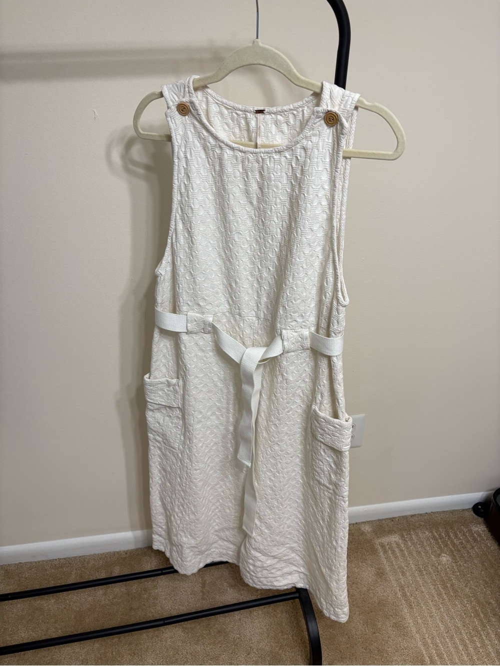 Free People Cream Textured Sleeveless Pinafore with Tie-Waist